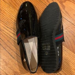 Brand New Black Shiny Loafers with Striped Strap